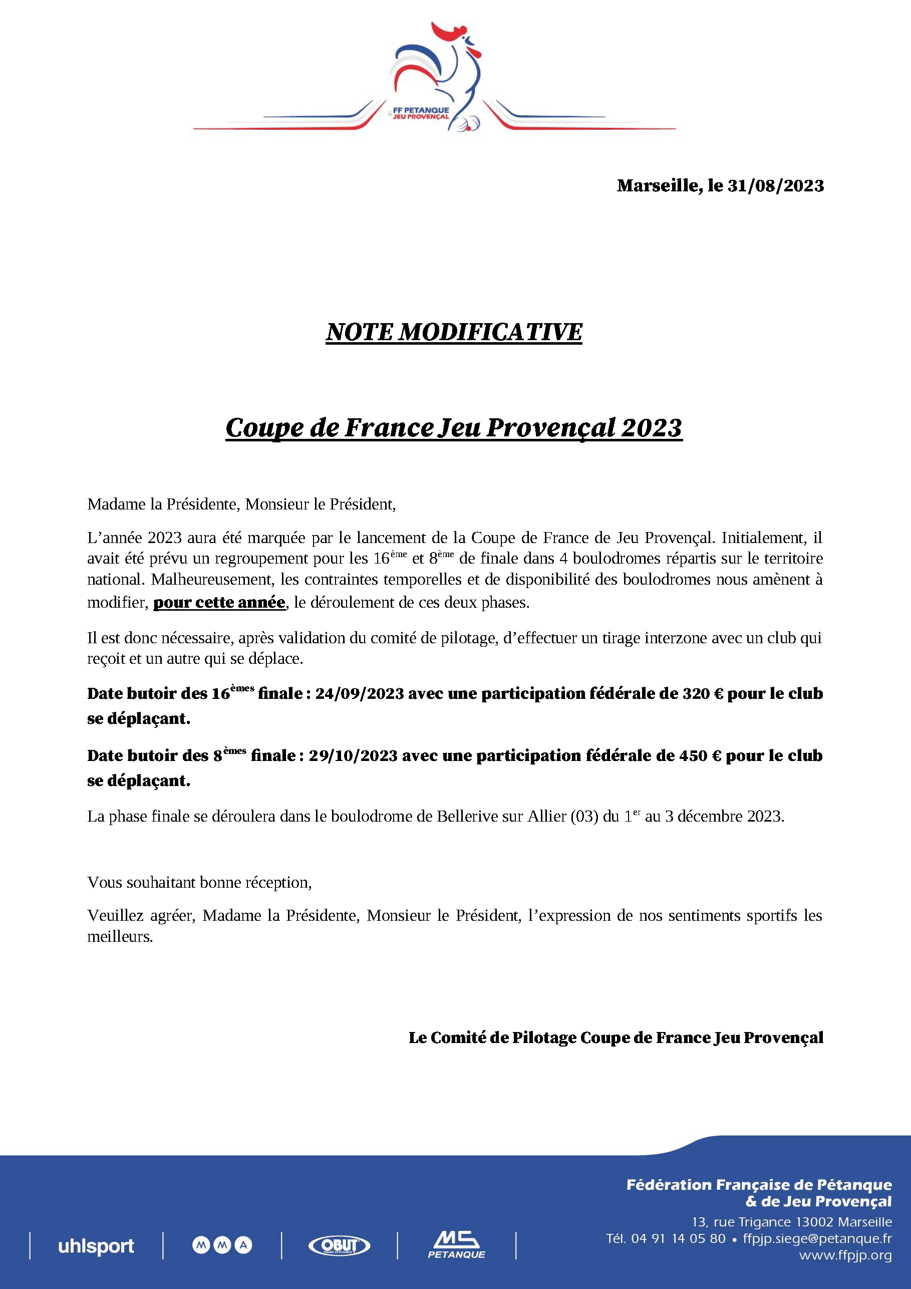 Modification Coupe de France JP 2023