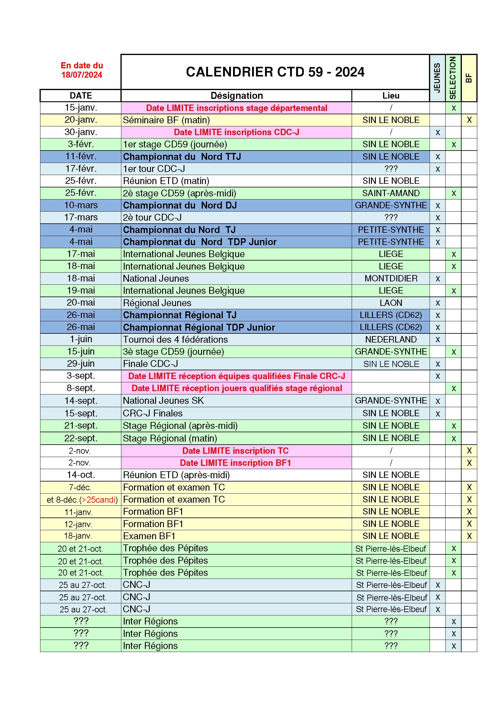 Calendriers TC et BF1 2024